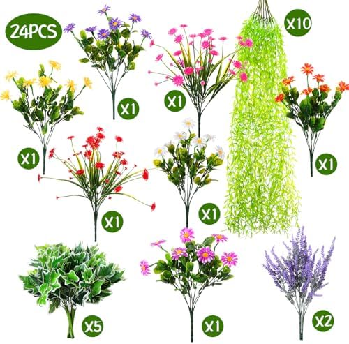 24 Pcs UV Resistant Artificial Plants for Outdoor Decor