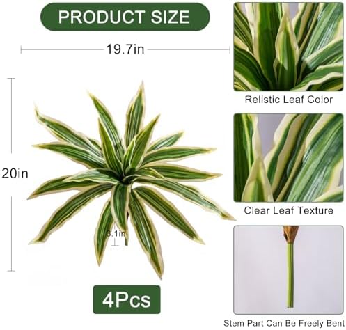 Yarmare 4 Pcs Artificial Dracaena Stems Greenery Plant Realistic Fake Leaves for Home Decor