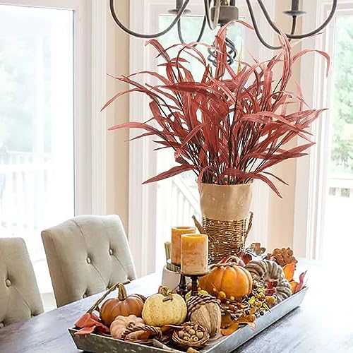 6Pcs Artificial Fall Leaves Grass Stems Red