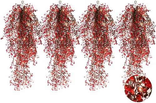 RECUTMS Artificial Hanging Fern Lighted with 30 LED Fake Ivy Vines for Home Decor Pack of 4 Red