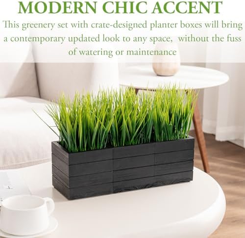 MyGift Artificial Grass Plants in Vintage Black Wood 4 Inch Planter Boxes Set of 3