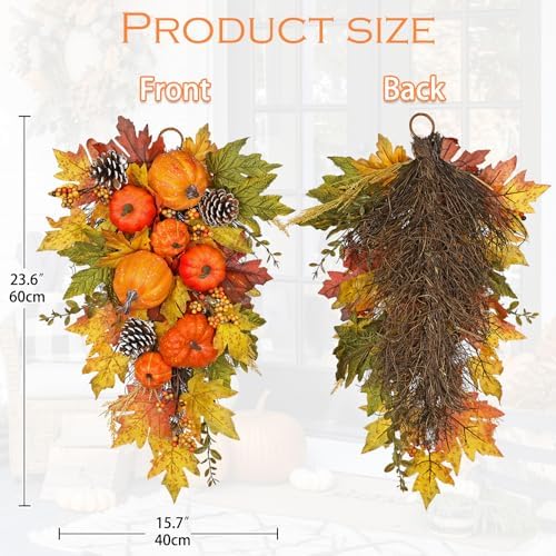 Elegant Fall Wreath and Swag with Fake Pumpkins for Farmhouse Dcor