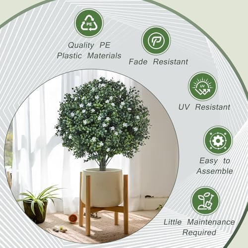 Artificial Boxwood Topiary with White Flowers Set of 2 UV Resistant Outdoor Decor