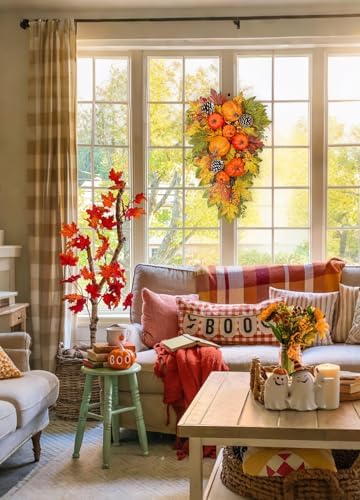 Elegant Fall Wreath and Swag with Fake Pumpkins for Farmhouse Dcor