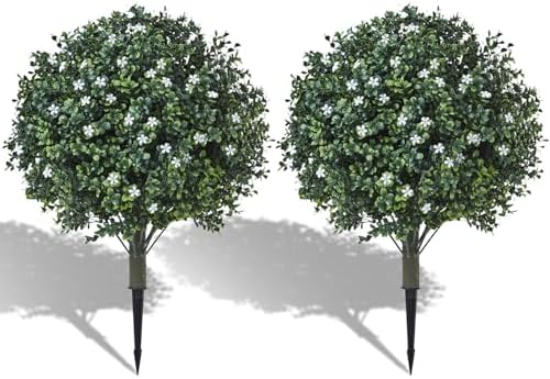Artificial Boxwood Topiary with White Flowers Set of 2 UV Resistant Outdoor Decor