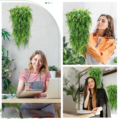 Lyrow 6 Pcs Artificial Hanging Plants 32 Inch Fake Boston Ferns Plastic Faux Decor