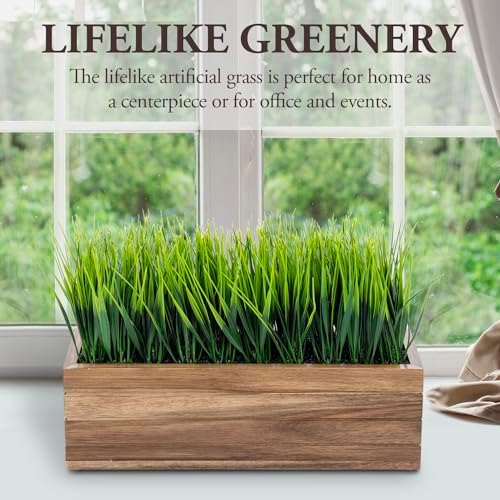 MyGift 14 Inch Artificial Grass in Acacia Wood Planter