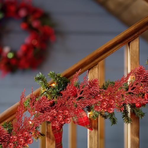 Winlyn 12 Pcs Red Glitter Artificial Pine Branches with Pinecone and Berries for Christmas Decor