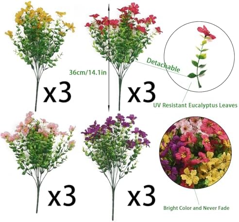 Vopie Artificial Flowers 12 Bundle UV Resistant Fake Silk Plants
