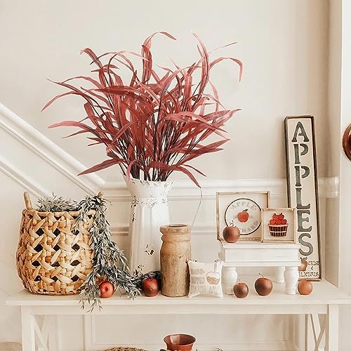6Pcs Artificial Fall Leaves Grass Stems Red