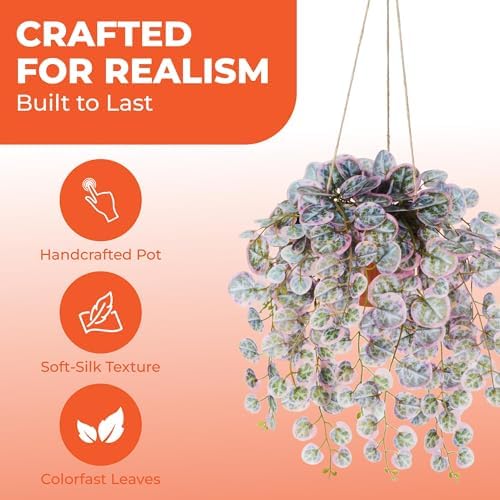 Faux Hanging Plant with Red Clay Pot 16 Inch Artificial Leaves for Indoor Decor