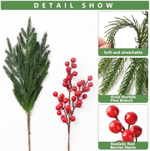 10 Pcs Christmas Norfolk Pine Stems with Red Berries for Decor