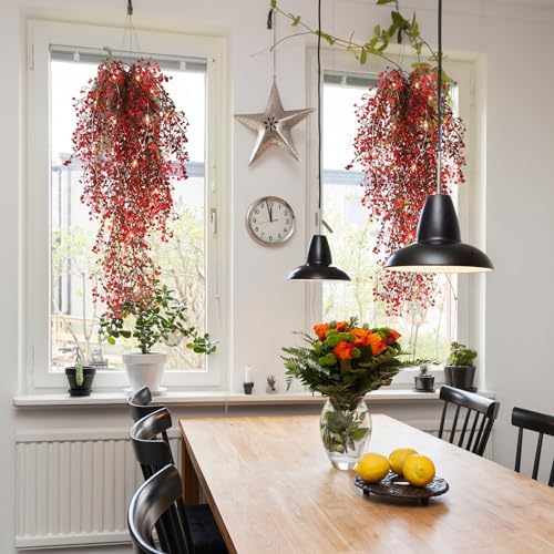 RECUTMS Artificial Hanging Fern Lighted with 30 LED Fake Ivy Vines for Home Decor Pack of 4 Red