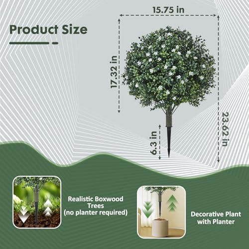 Artificial Boxwood Topiary with White Flowers Set of 2 UV Resistant Outdoor Decor