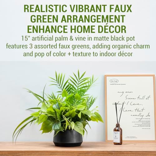 MyGift 15 Inch Artificial Palm and Vine Decor in Black Concrete Pot