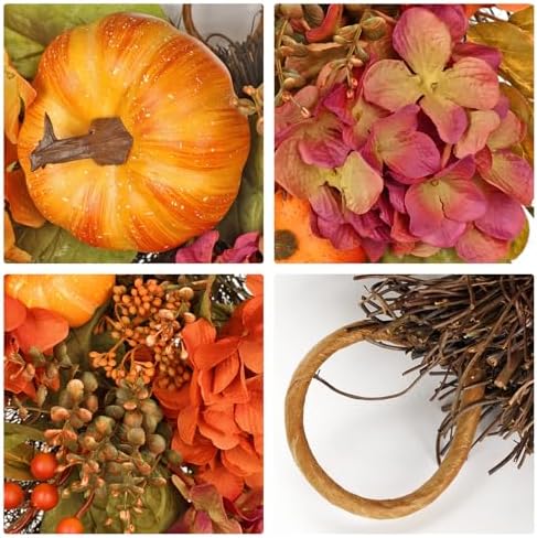 Artificial Teardrop Swag with Fake Hydrangeas and Pumpkins Fall Decor