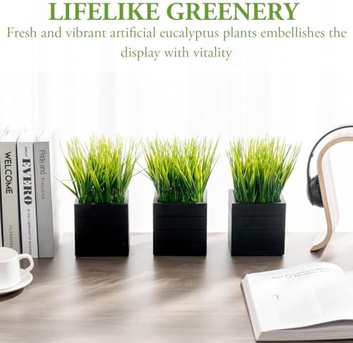 MyGift Artificial Grass Plants in Vintage Black Wood 4 Inch Planter Boxes Set of 3