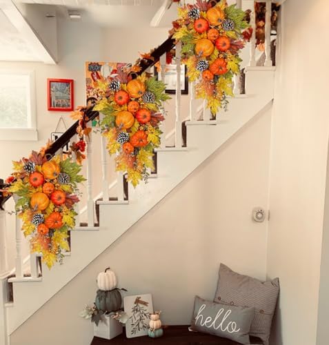 Elegant Fall Wreath and Swag with Fake Pumpkins for Farmhouse Dcor