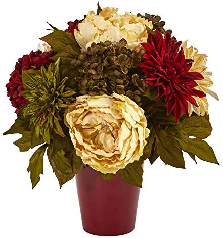 Nearly Natural 14in Artificial Flower Arrangement in Burgundy Vase