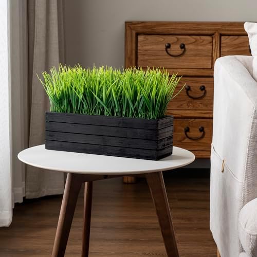 MyGift 14 Inch Artificial Grass in Vintage Black Wood Planter