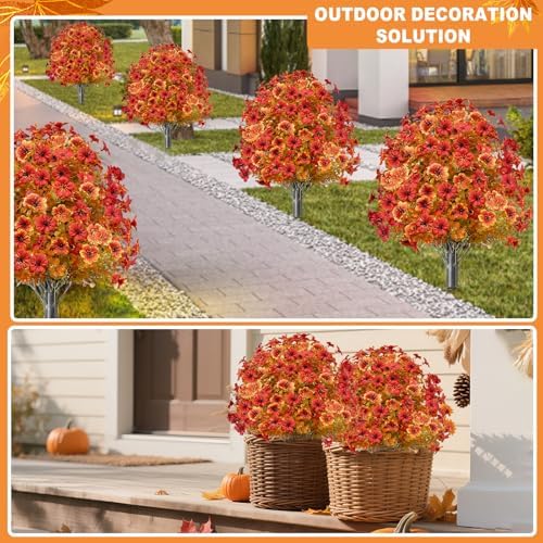 2 Pack Artificial Boxwood Topiary with Fall Mums Flowers
