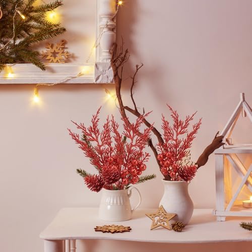 Winlyn 12 Pcs Red Glitter Artificial Pine Branches with Pinecone and Berries for Christmas Decor
