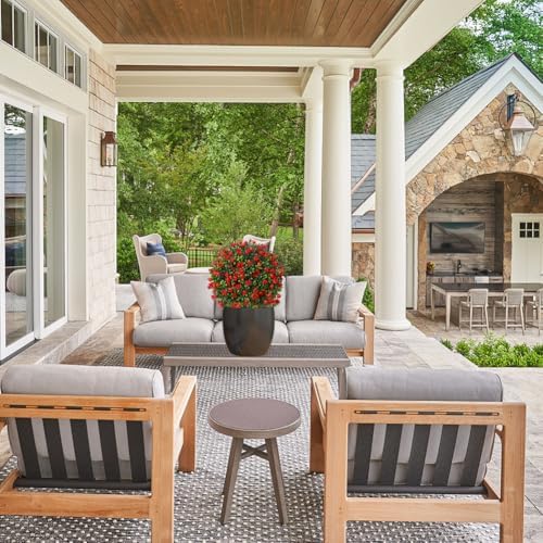 Set of 2 Artificial Boxwood Topiary Shrubs with Red Flowers Outdoor Decor