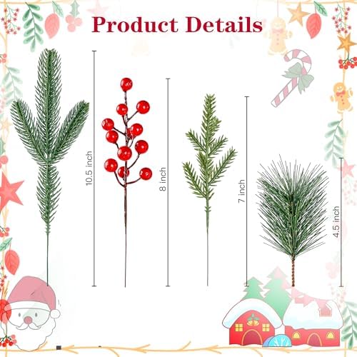 Sggvecsy 60 Pcs Artificial Pine Branches and Red Berry Stems for Christmas Decor