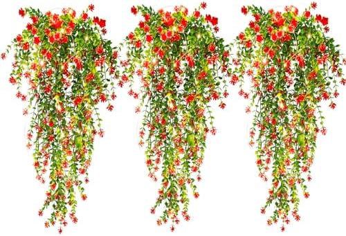 3 Pack Fake Hanging Plants with LED Lights for Outdoor Decor Red