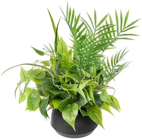 MyGift 15 Inch Artificial Palm and Vine Decor in Black Concrete Pot