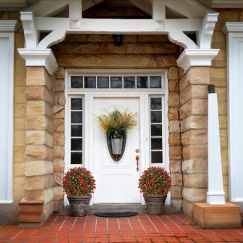 Set of 2 Artificial Boxwood Topiary Shrubs with Red Flowers Outdoor Decor