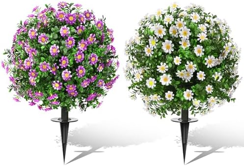 23 Inch Set of 2 Artificial Boxwood Topiary with Sunflowers and Spikes for Outdoor Decor