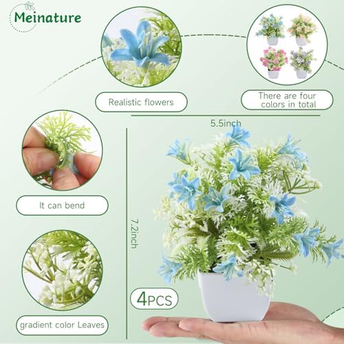 4-Pack Small Artificial Plants with Realistic Flowers