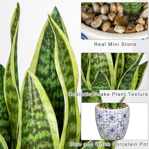 Hollyone Artificial Snake Plant with Blue Porcelain Pot