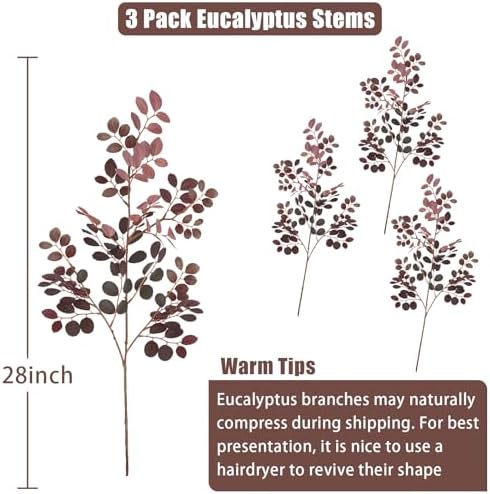 Fall Stems for Vases - Artificial Eucalyptus 3pcs 28 Inch Burgundy