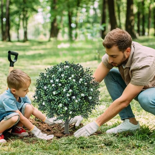 Artificial Boxwood Topiary with White Flowers Set of 2 UV Resistant Outdoor Decor