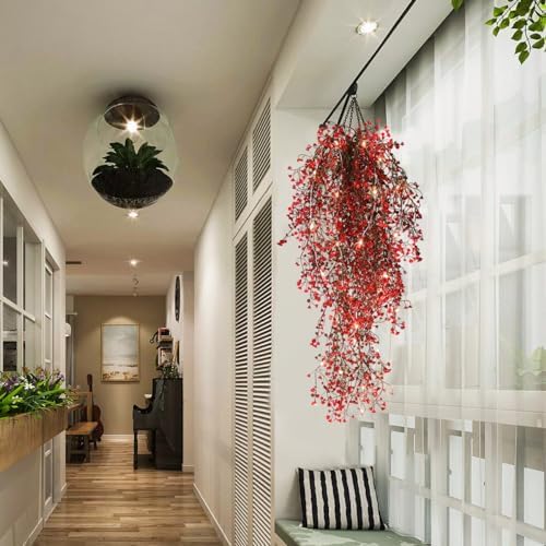 RECUTMS Artificial Hanging Fern Lighted with 30 LED Fake Ivy Vines for Home Decor Pack of 4 Red