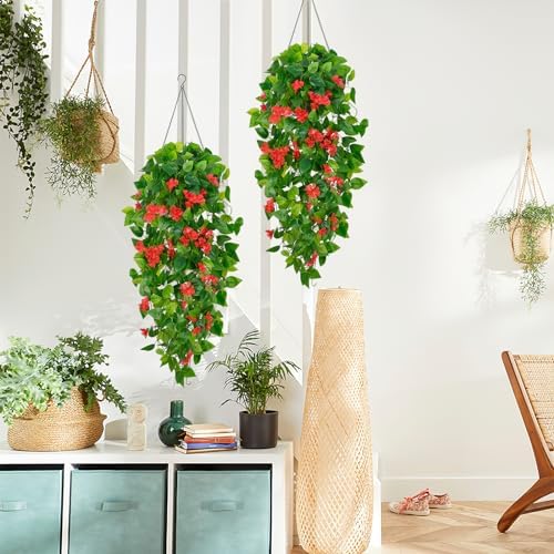 BLEUM CADE 2pcs Fake Hanging Pothos Vines with Red Flowers for Wall Decor