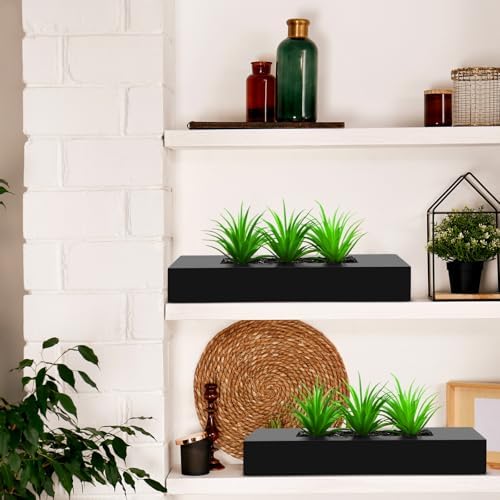 Hotop 2 Pcs Artificial Green Grass Plants in Black Wooden Rectangle Planter Pots