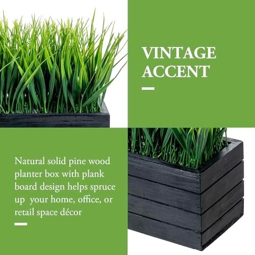 MyGift 14 Inch Artificial Grass in Vintage Black Wood Planter