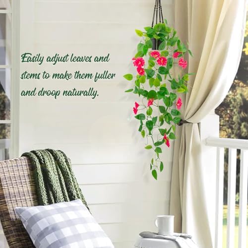 LOYWREE Artificial Hanging Potted Plant 39in Red Vine with Flowers for Home Office Decor