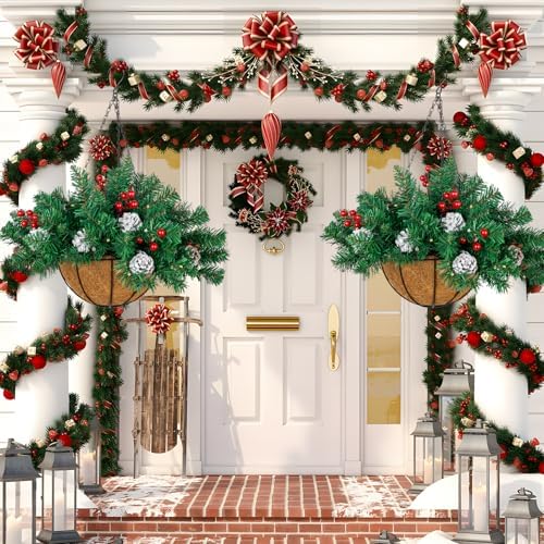 Ciaell 22inch Artificial Christmas Hanging Basket with LED Lights and Pine Cones Berries