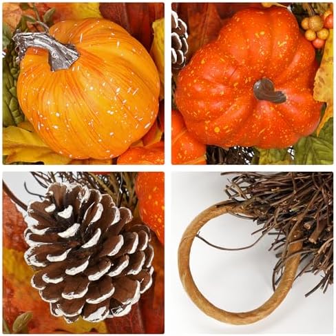 Elegant Fall Wreath and Swag with Fake Pumpkins for Farmhouse Dcor