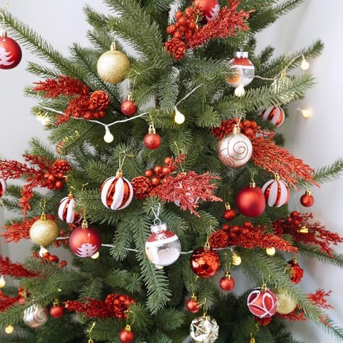 Winlyn 12 Pcs Red Glitter Artificial Pine Branches with Pinecone and Berries for Christmas Decor