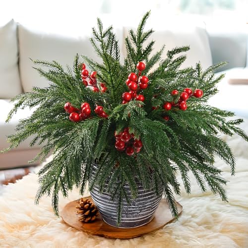 10 Pcs Christmas Norfolk Pine Stems with Red Berries for Decor