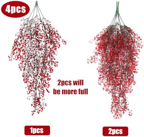 RECUTMS Artificial Hanging Fern Lighted with 30 LED Fake Ivy Vines for Home Decor Pack of 4 Red