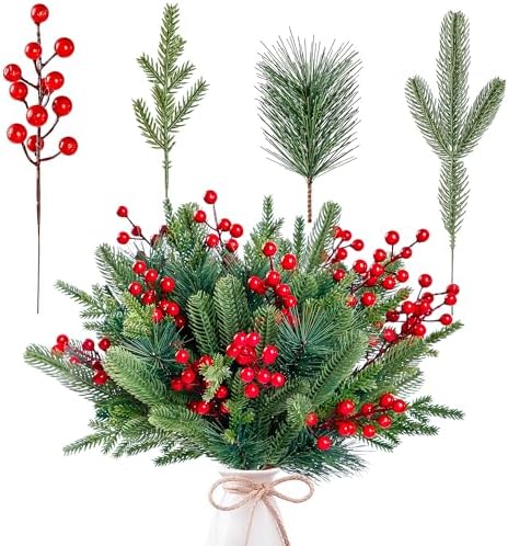 Sggvecsy 60 Pcs Artificial Pine Branches and Red Berry Stems for Christmas Decor