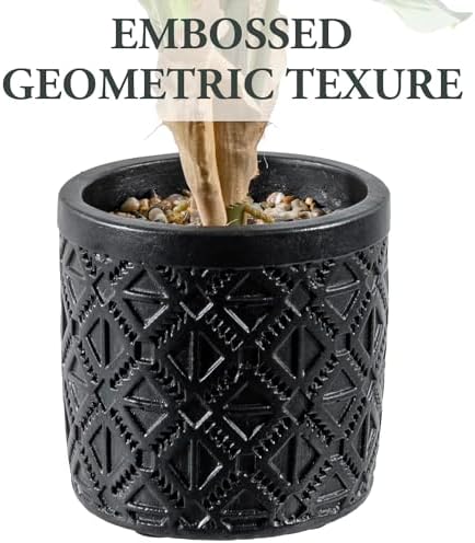 MyGift Artificial Dieffenbachia Plant in Black Concrete Pot with Geometric Design