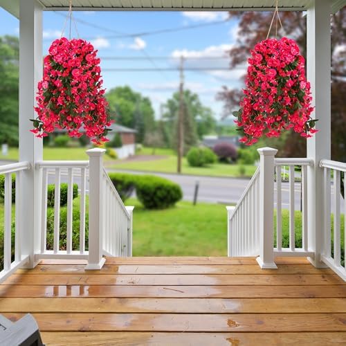 Sggvecsy Artificial Hanging Flowers for Outdoor Spring Summer Decoration 4PCS Rose Red