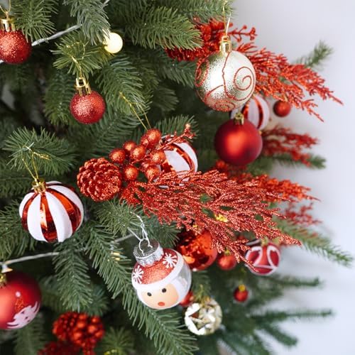 Winlyn 12 Pcs Red Glitter Artificial Pine Branches with Pinecone and Berries for Christmas Decor